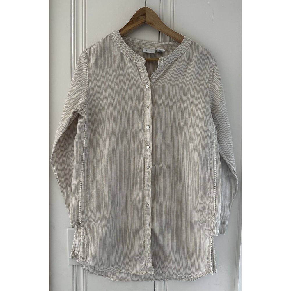 Antibes Blanc Linen Blend Striped Button Front Blouse Women's Small Coastal Boho